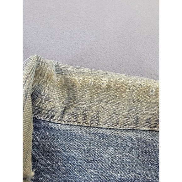 Avirex Denim Jacket Mens 2XL Blue Tribal Sleeve Graphic Button Up Distressed - Picture 3 of 15